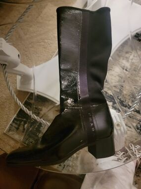 Prada Black Patent Leather Mid-Calf Heeled Boots